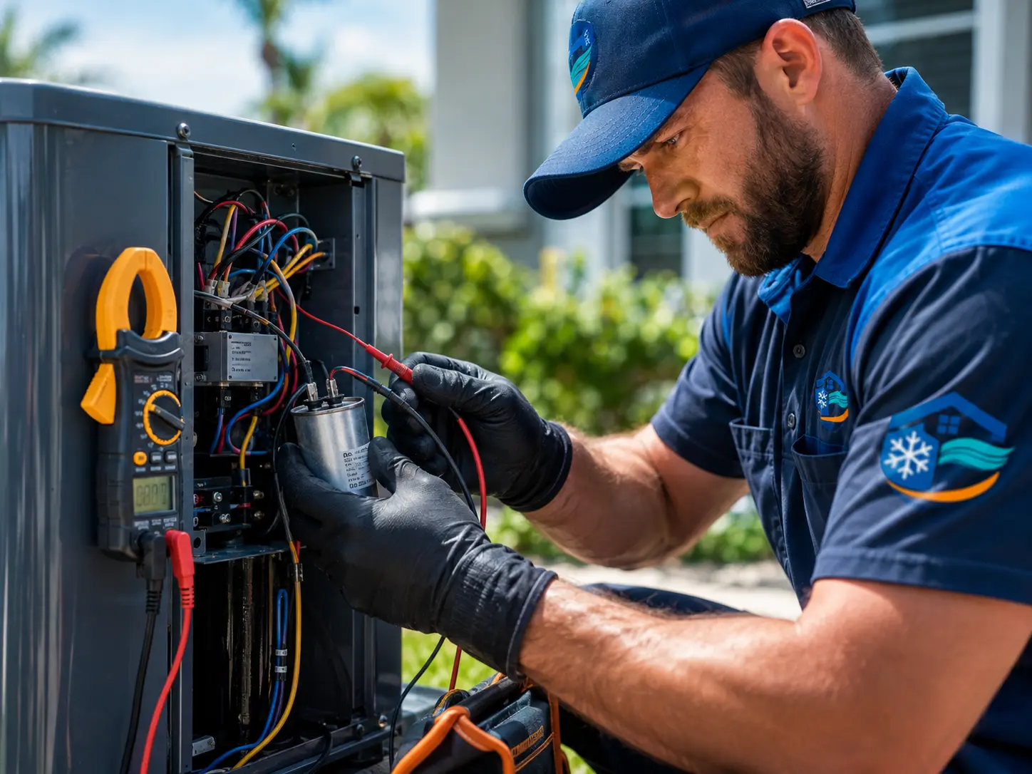 Technician testing a run capacitor on an outdoor condenser