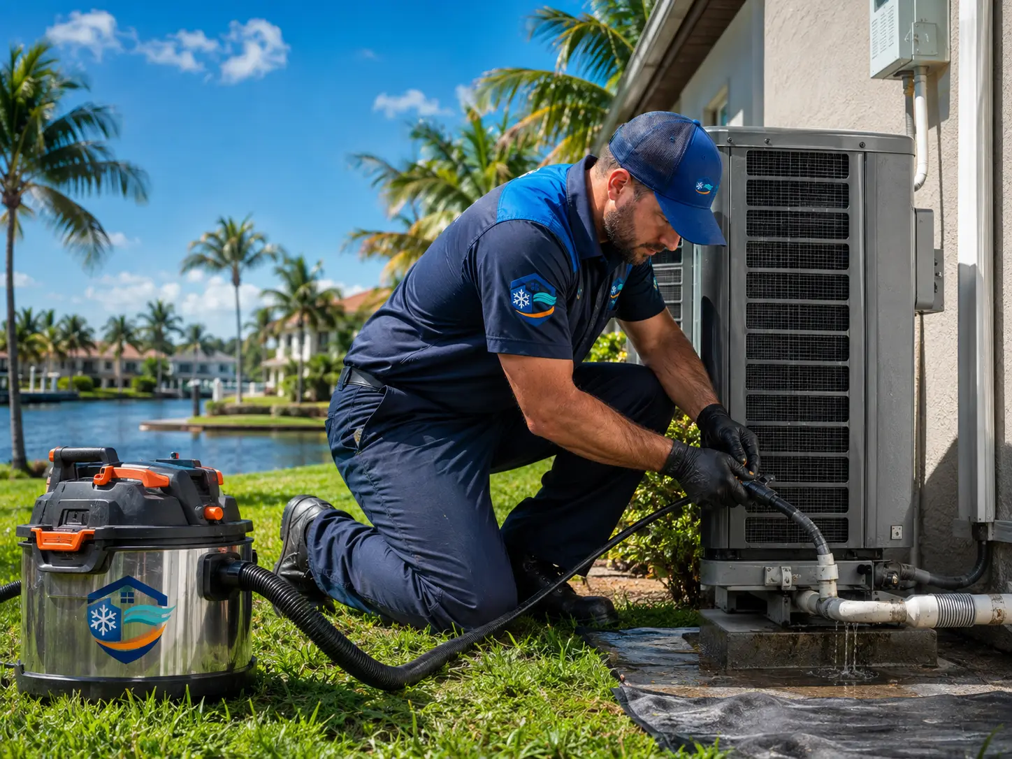 Technician clearing a condensate drain line