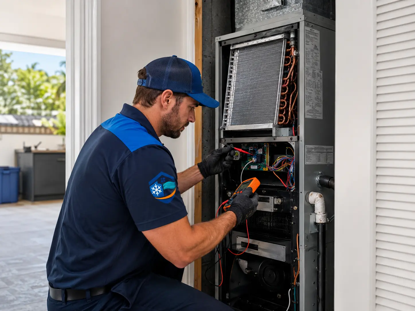 Technician inspecting an indoor air handler in a newer home